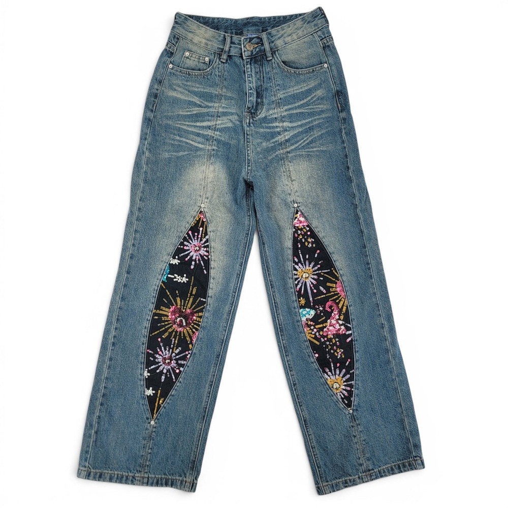 Aelfric Eden Womens 26 Jeans Blue Wide Leg Sequin Patch Y2K Streetwear‎ Denim